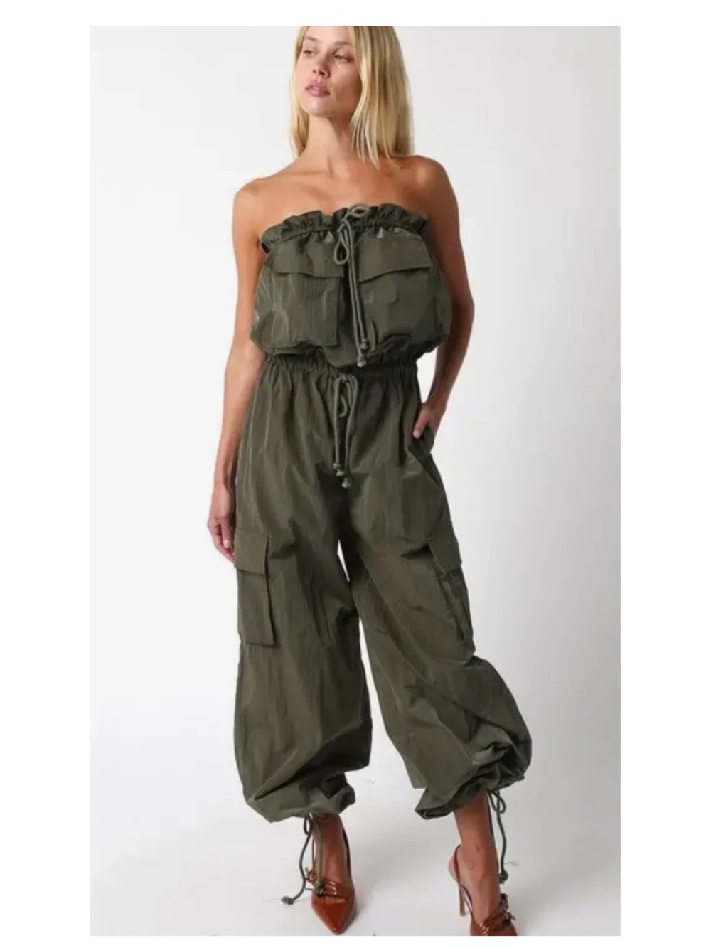 Olive Strapless Cargo Jumpsuit